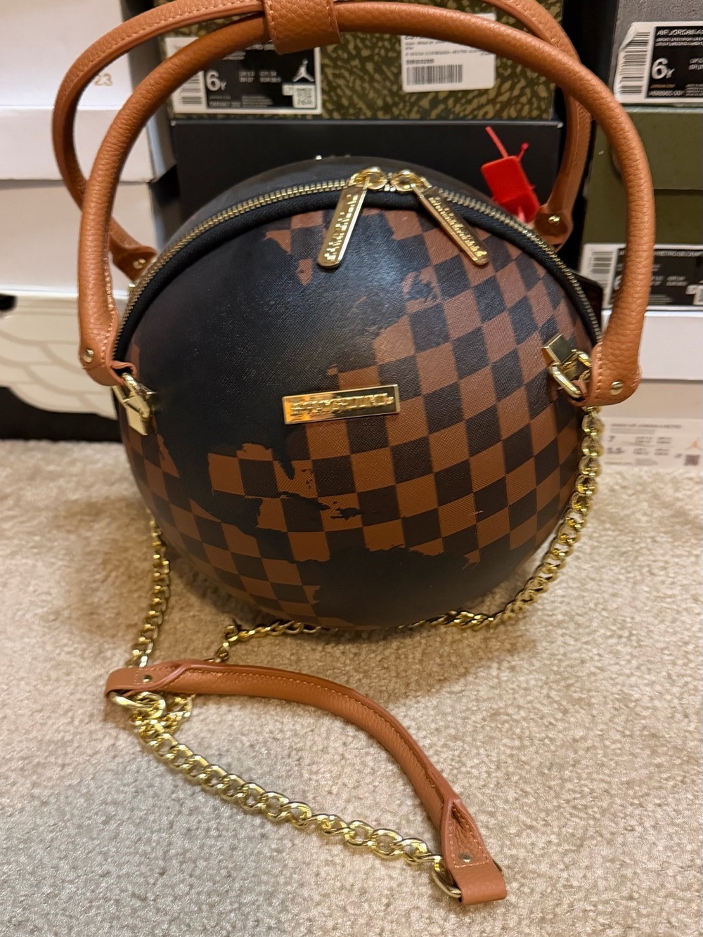 Sprayground Brown Checkered Round Satchel Bag